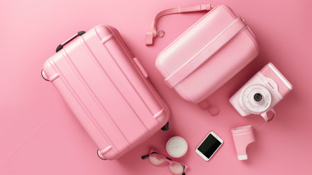 Pink suitcase with travel accessories on pastel pink background. travel concept. Generative AIの素材