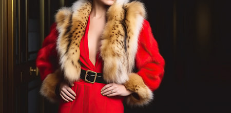 Elegance Personified, A Fashionable Woman in a Luxurious Fur Coat and Ravishing Red Costume. Generative AIの素材