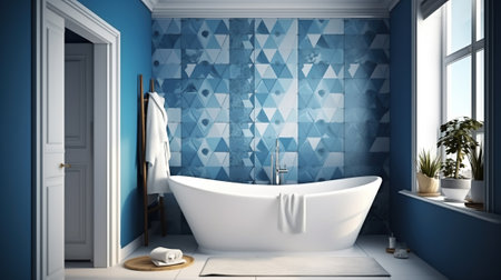 Tranquil Oasis, A Bathtub Haven in Blue and White Bathroom. Generative AIの素材