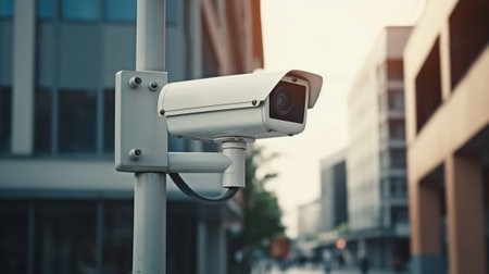 Security camera on modern building. Professional surveillance cameras. CCTV on the wall in the city. Video equipment for safety system area control outdoor. Generative AIの素材