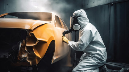 Car painter in protective clothes and mask painting a car, mechanic using a paint spray gun in a painting chamber. Bodywork, Generative AIの素材