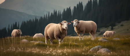 Sheep grazing in alpine meadows and units with mountain nature. Generative AIの素材