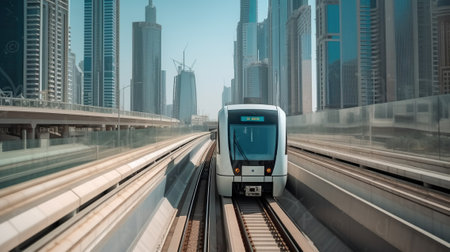 Metro railway among among glass skyscrapers in city. Future concept, Cityscape skyline. Urban background. Generative AIの素材