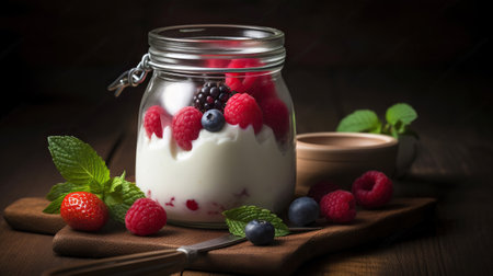 Indulge in the Creamy Delights of Yogurt, Embellished with Juicy Berries, Raspberries, and Fragrant Mint. Generative AIの素材