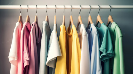 Colourful clothes on clothing rack, pastel colorful closet in shopping store or bedroom. Rainbow color clothes choice on hangers, home wardrobe concept. Generative AIの素材
