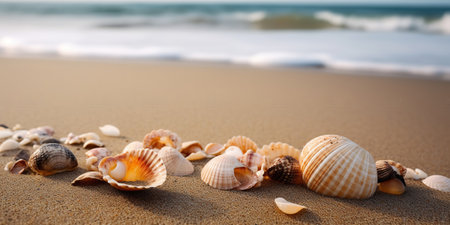 Seashells on the sand of the beautiful sea coastline. Generative AIの素材