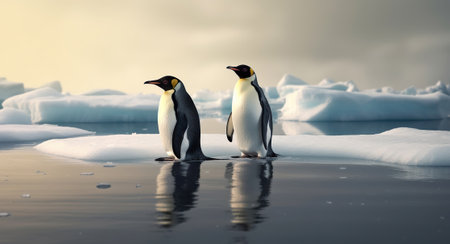 Two cute emperor penguins confused by ice melting, world global planet climate change. Generative AIの素材