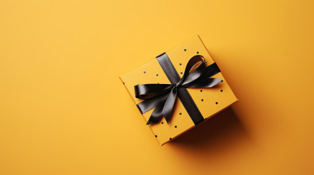 Gift box with golden satin ribbon and bow on yellow background. Holiday gift with copy space. Birthday or Christmas present, flat lay, top view. Christmas gift box concept. Generative AIの素材