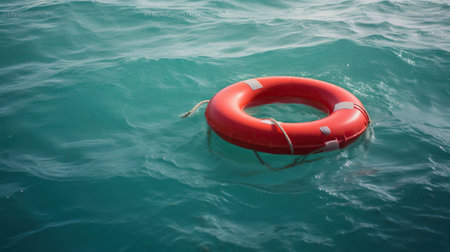A red lifebuoy floats on the waves of the turquoise sea. Generative AIの素材