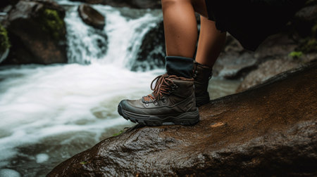 A Hiker's Quest Unfolds, Traversing Rugged Terrain with Determined Trekking Shoes. Generative AIの素材