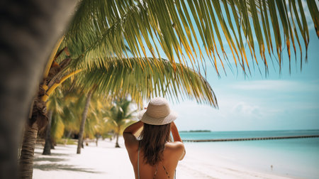 A young woman relaxes on the shore of a tropical island under coconut trees. Generative AIの素材