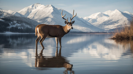 A deer standing in front of a mountain lake with a reflection of it's antlers in the water and a mountain range in the background with snow capped peaks in the background. Generative AIの素材