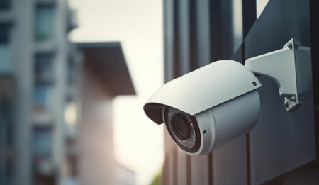 CCTV on the wall in the city. Security camera on modern building. Professional surveillance cameras. Generative AIの素材