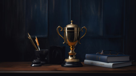 Winner trophy on blue and black wooden counter, in the style of realistic contemporary, Generative AIの素材