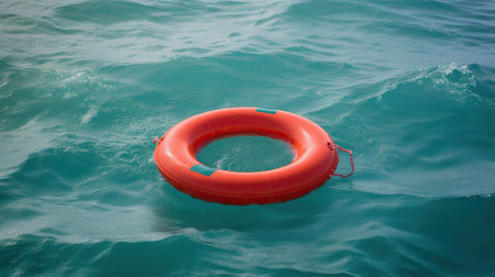 A red lifebuoy floats on the waves of the turquoise sea. Generative AIの素材