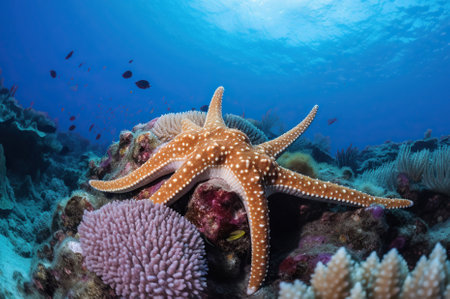 A starfish on a coral reef in the ocean with a blue background and a coral reef in the foreground. Generative AIの素材