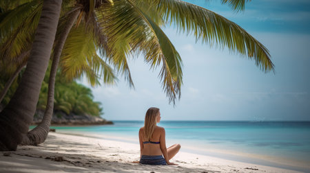 The Beach Beckons, Inviting a Young Woman to Rest and Rejuvenate Amidst the Allure of Tropical Coconut Trees. Generative AIの素材