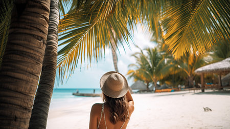 Under the Rustling Canopy of Coconut Trees, a Young Woman Unwinds on the Shore of a Tropical Paradise. Generative AIの素材