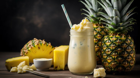 Closeup fresh pineapple milkshake smoothie and fresh pineapples, Generative AIの素材