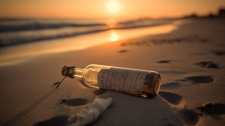 Message in the bottle washed ashore against the sun setting down. Generative AIの素材