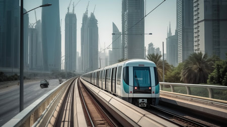 Metro railway among among glass skyscrapers in city. Future concept, Cityscape skyline. Urban background. Generative AIの素材