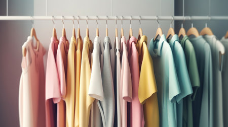 Colourful clothes on clothing rack. Rainbow color clothes choice on hangers, home wardrobe concept. Generative AIの素材
