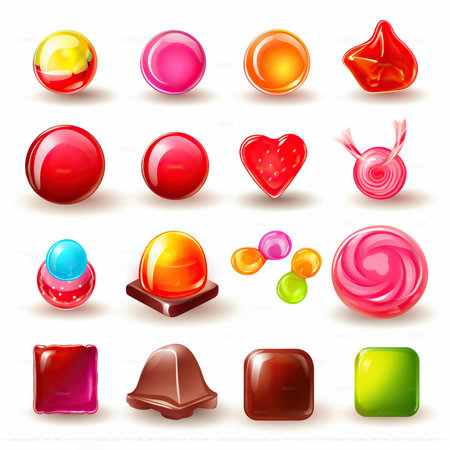 Assorted Candy Icons Set with Hard Candy, Lollipop, Game Asset, Game UI, Chocolate, and Jelly on White Background. Generative AIの素材