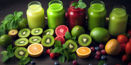 Green fresh vegan ingredients. Healthy food from green fruits and vegetables. Generative AIの素材