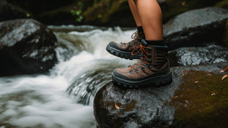 A Hiker's Quest Unfolds, Traversing Rugged Terrain with Determined Trekking Shoes. Generative AIの素材