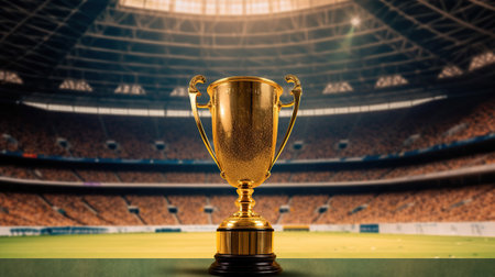 The Champion's Gold Cup, a Symbol of Triumph, Glistens in the Football Stadium. Generative AIの素材