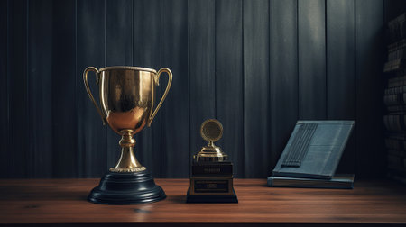 Winner trophy on blue and black wooden counter, in the style of realistic contemporary, Generative AIの素材