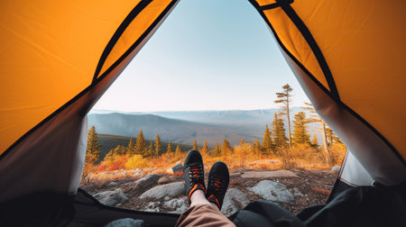 A man's feet inside a tent, in the style of romantic landscape vistas, yellow and orange, photorealistic landscapes, cabincore, high-angle, Generative AIの素材