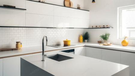 Close view on bright kitchen room interior with white wall. Generative AIの素材