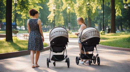 Young mothers in the park walking with strollers, Generative AIの素材