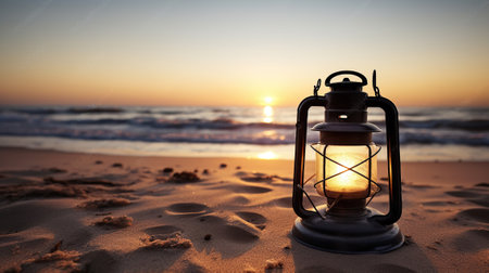 Sunset's Embrace Captures the Beauty of an Old Lantern on the Beach, Painting a Mesmerizing Picture. Generative AIの素材