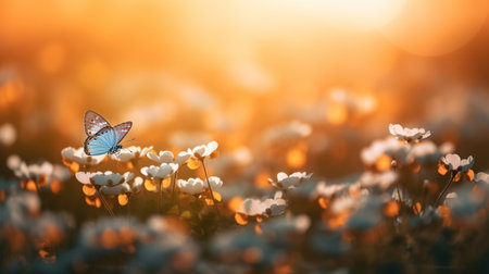 Beautiful flower field with butterfly, macro shot at the golden hour time. Generative AIの素材