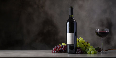 A Tapestry of Opulence, A bottle of wine and a glass with a bunch of grapes on table. Generative AIの素材