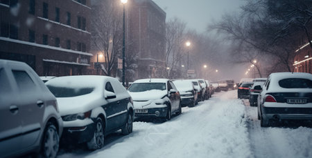 Abnormal record snowfall paralyzed infrastructure of city, cars got stuck in snow. Generative AIの素材