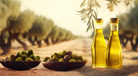 Golden olive oil bottles with olives leaves and fruits setup in the middle of rural olive field with morning sunshine. copy space. Generative AIの素材