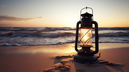 Sunset's Embrace Captures the Beauty of an Old Lantern on the Beach, Painting a Mesmerizing Picture. Generative AIの素材