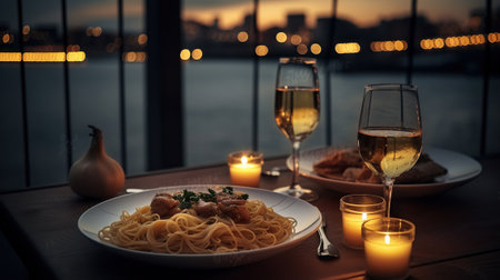 A plate of pasta and wine on a table with a view of the water and a bridge in the background with candles and a glass of wine. Generative AIの素材