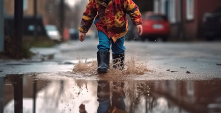Little Boys Rain Boots and Puddles, Generative AIの素材