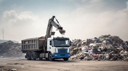 A truck picks up garbage from garbage dump, Generative AIの素材