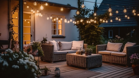 Summer evening on the terrace of beautiful suburban house with patio with wicker furniture and lights. Generative AIの素材