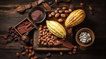 Composition with cocoa pod and products on wooden background, top view. Generative AIの素材
