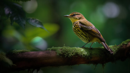 An portrait of a wild bird perched atop a branch, surrounded by a lush green forest. Generative AIの素材