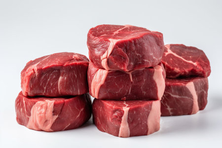 Beef stew steak stack of red raw beef steaks on the white background, in the style of focus stacking. Generative AIの素材