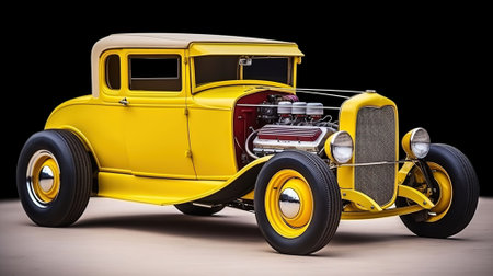 Sizzling Vintage Vibes, Retro Yellow Hot-Rod with Wide Whitewalled Tires. Generative AIの素材