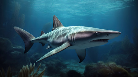 Encounter the Dazzling Sawtooth Shark in the Depths of the Ocean. Generative AIの素材