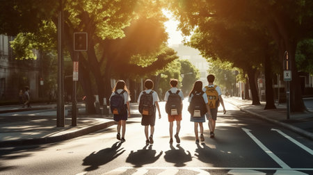 Students in Uniforms and Backpacks Cross the Road on Their Journey to School. Generative AIの素材